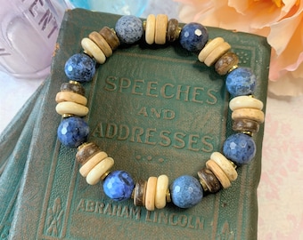 Dumortierite, Coconut, Bone, and Gold Hematite Spacers Beaded Stretch Gemstone Bracelet 7" Support Harmony Tranquility