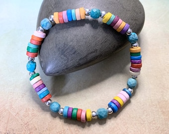 Colorful Greek Ceramic Washer, Turquoise Howlite, and Silver Filled Beaded Stretch Gemstone Bracelet 7" Multicolor