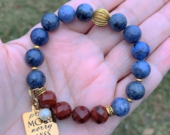 Dumortierite, Brass, and Red Jasper Beaded Stretch Gemstone Bracelet With Charm 7"