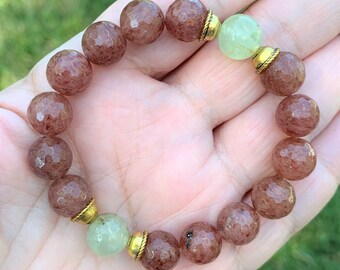 Faceted Strawberry Quartz, Prehnite Beaded Stretch Gemstone Bracelet