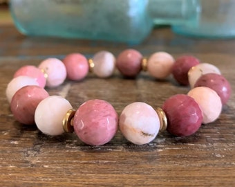 Pretty in Pink Flower Agate and Rhodonite Beaded Stretch Gemstone Bracelet 7"