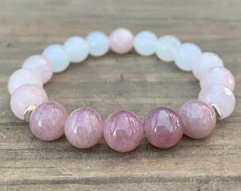 Pretty Pastel Pink Beaded Gemstone Beaded Bracelet Madagascar Rose Quartz, Rose Quartz, and White Jade 7"