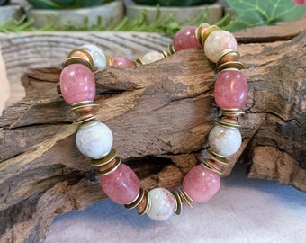 Strawberry Quartz and Flower Ocean Jasper With Mixed Metals Beaded Stretch Gemstone Bracelet 7.25" Pink Red Cream