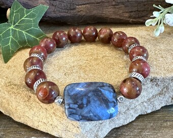 Dumortierite Focal and Brecciated Jasper Beads with Silver Beaded Stretch Gemstone Bracelet 7" Blue Red Brown Clarity, Balance, Harmony