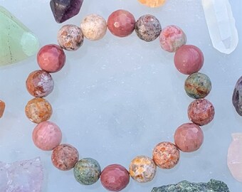 Faceted Rhodonite and Ocean Jasper Beaded Gemstone Bracelet