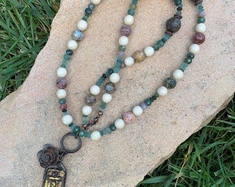 Beautiful Stone, Glass, Brass and Pewter Beaded Necklace