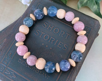 Deep Blue Fluorite, Madagascar Rose Quartz, and Bone Beaded Stretch Gemstone Bracelet 7" Blue Pink Cream