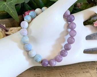 Rainbow Agate and Lepidolite Beaded Stretch Gemstone Bracelet 7" Stability, Grounding, Supportive, Healing, Peace, Stress Relief