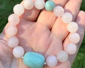 Faceted Rose Quartz and Amazonite Focal Beaded Stretch Gemstone Bracelet 7"