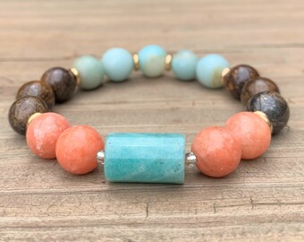 Amazonite, Orange Calcite, and Bronzite Beaded Stretch Gemstone Bracelet