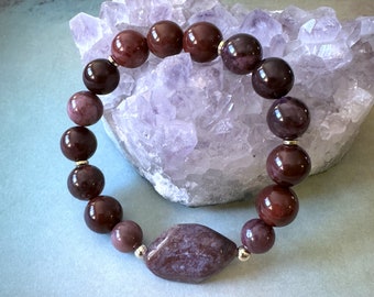 Moody Sugilite and Red Fire Agate Beaded Stretch Gemstone Bracelet 7" Courage, Strength, Protection, Awareness, Spirituality, Positivity