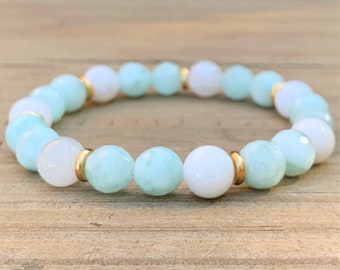 Mint Green Angelite and White Jade Beaded Stretch Gemstone Bracelet 7" Green