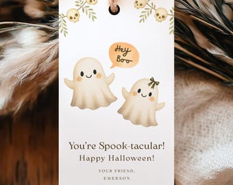Ghost Halloween Favor Tags: Printable Boo Basket Gift Tags, Editable Trick or Treat Labels, Halloween Party Favor Tag Template (Canva)