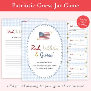 Op de afbeelding: Een patriottische spelset met de tekst "Patriotic Guess Jar Game". Het ontwerp bevat rode, witte en blauwe elementen, waaronder de Amerikaanse vlag en sterren. De set bevat kaarten waarop gasten hun gok kunnen opschrijven.