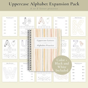 May include: A spiral-bound workbook titled Uppercase Letters Alphabet Practice with a striped cover, surrounded by various educational worksheets featuring letter tracing, matching exercises, and illustrations like an apple, jellyfish, and zebra.