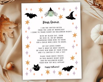Carta de bruja de intercambio: Nota de intercambio de dulces de Halloween, editable en Canva, tradición de truco o trato
