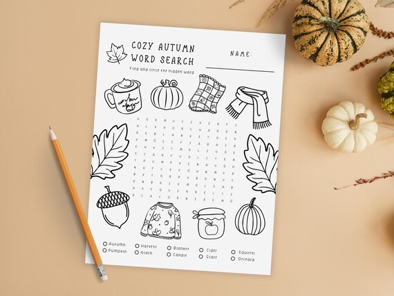 Kids Fall Word Search Game &  Seasonal Coloring Sheet: Quiet Time Activity, A4, US Letter