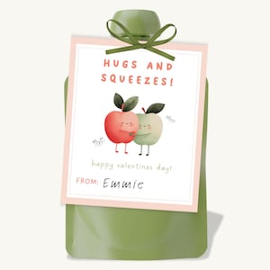 May include: A green baby food pouch with a pink and white tag tied with a green ribbon. The tag reads "HUGS AND SQUEEZES!" and features two hugging apple illustrations. The text "happy valentines day!" and "FROM: Emmie" are also on the tag.