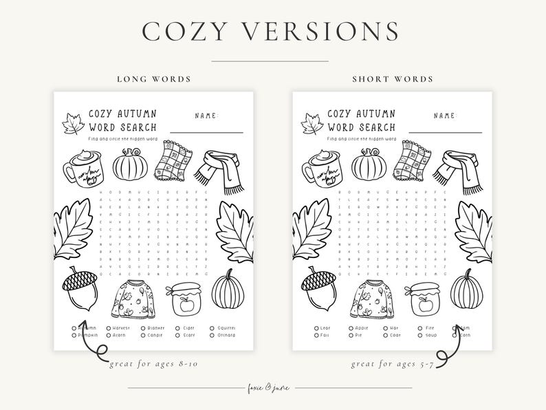 May include: Two black and white word search puzzles with autumn-themed illustrations, including a mug, pumpkin, scarf, and acorn. The text "COZY AUTUMN WORD SEARCH" is at the top. One puzzle is labeled "LONG WORDS" and the other "SHORT WORDS". The puzzles are designed for ages 5-10.