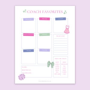Cheer Coach Favorite Things List Printable: Cheerleading Coach Appreciation Gift, End of Season Thank You