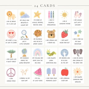 May include: A set of 24 affirmation cards with colorful illustrations and positive messages. Each card features a different image, such as a lion, a rainbow, or a cookie, paired with an uplifting statement like "I am brave" or "I am unique."
