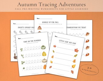 May include: A collection of fall-themed pre-writing worksheets for little learners. The worksheets feature tracing activities with pumpkins, leaves, and other autumn elements. The text "Autumn Tracing Adventures" is at the top.