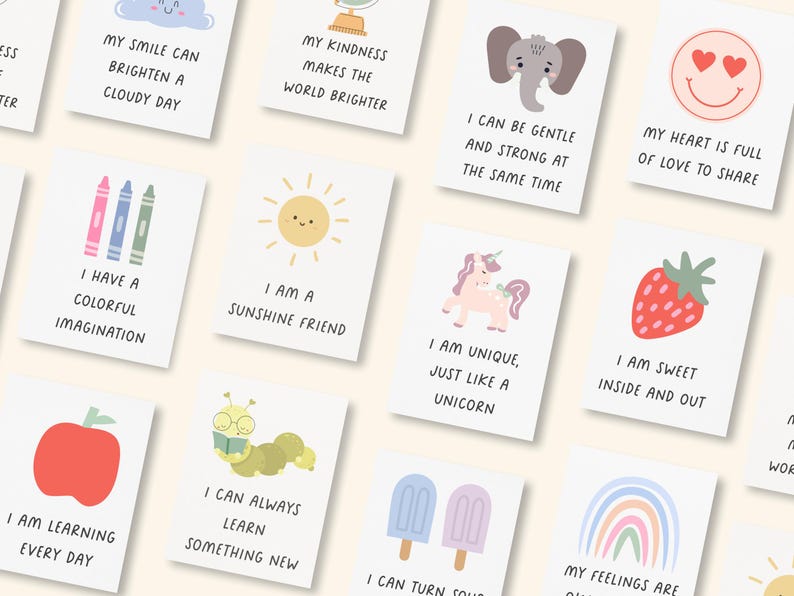 Printable daily affirmation cards for kids, designed for lunch box notes, calm down corners, and CBT self esteem support.