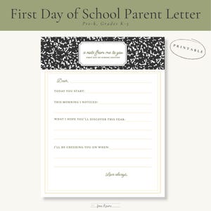 Puede incluir: Carta imprimible "Carta para padres del primer día de escuela" con un borde superior con estampado en blanco y negro. La carta incluye indicaciones para que los padres escriban a sus hijos. El texto incluye "a note from me to you" y "Love always."