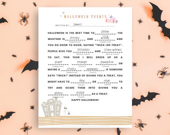 Puede incluir: Un juego de Mad Libs con temática de Halloween en una hoja de papel blanca, titulado "Halloween Treats". El fondo está decorado con murciélagos y arañas negras sobre una superficie naranja. El texto es en negro.