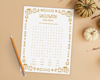 Printable Halloween Word Search Game for Kids: Classroom Party Activity, Spooky Word Find Worksheet, Fall Learning Activity for Homeschool