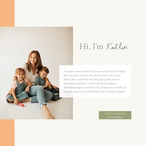 May include: A woman and two children are seated on a light background. The text reads "Hi, I'm Kaitlin" and a description of the business. The bottom right corner has a call to action to follow on Pinterest.