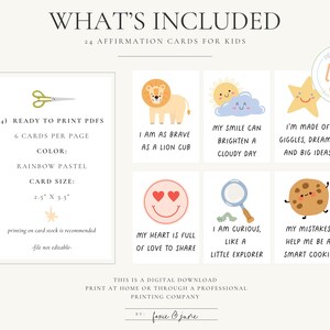 May include: Digital download of 24 affirmation cards for kids. Each card is 2.5" x 3.5" and features colorful illustrations and positive messages like "I am as brave as a lion cub." The cards are ready to print in rainbow pastel colors.