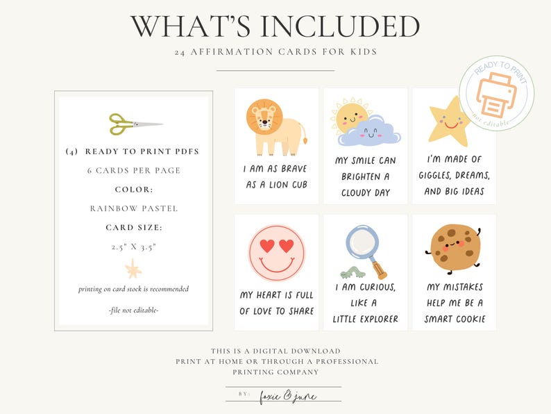 May include: Digital download of 24 affirmation cards for kids. Each card is 2.5" x 3.5" and features colorful illustrations and positive messages like "I am as brave as a lion cub." The cards are ready to print in rainbow pastel colors.