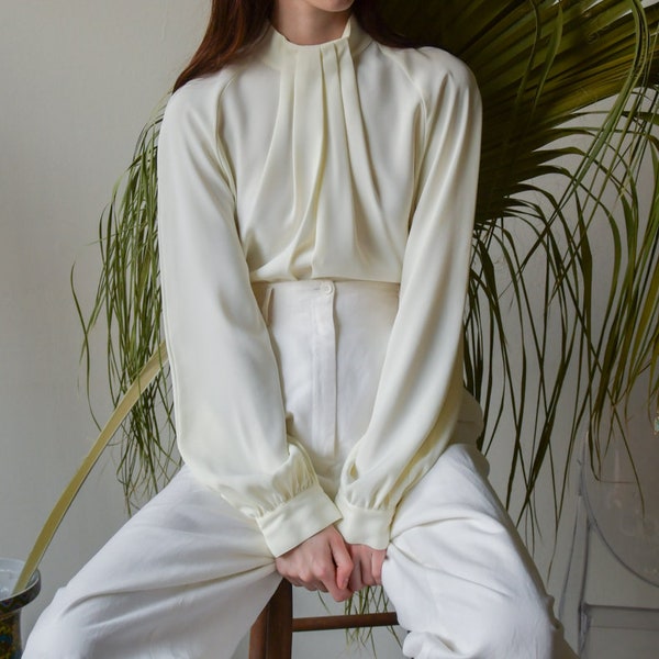 white draped poet blouse / draped full sleeve tunic / m / l / US 16 / 4362t