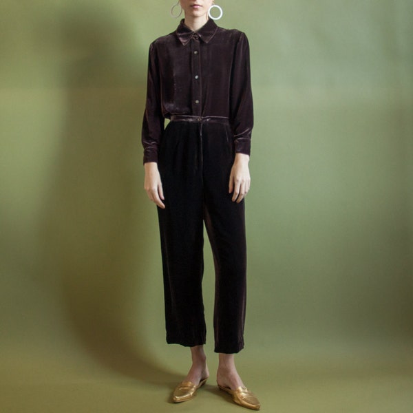 brown velvet pant set / button down lounge set / velvet cropped pants / s / 2008t / B5