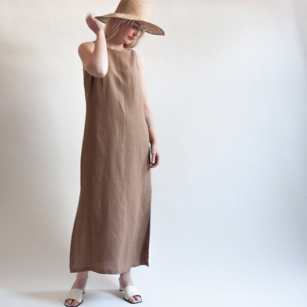 american autobahn linen maxi dress / minimalist dress / natural fiber dress / s / 1285d