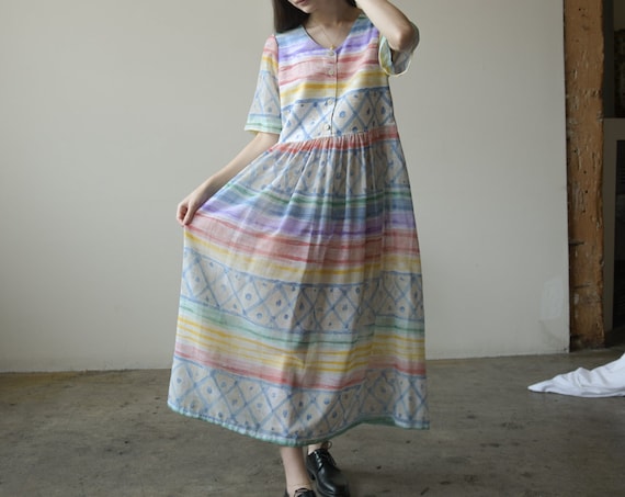 2704d / pastel print cotton babydoll dress / long
