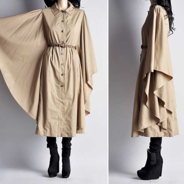 80s tan canvas avant garde draped cape trench coat / s / m / l