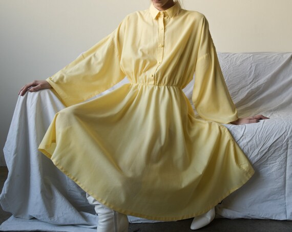 1948s / yellow cotton shirt dress / midi dress dre