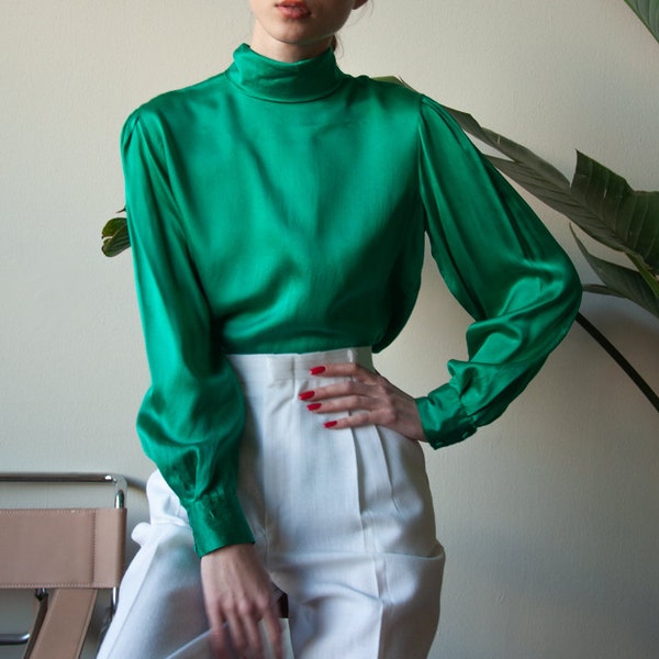 silk emerald green puff sleeve blouse / turtleneck silk shirt / s / m / 3611t / B18