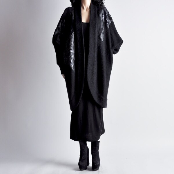black oversized batwing patchwork beaded cardigan sweater / coat / s / m / l