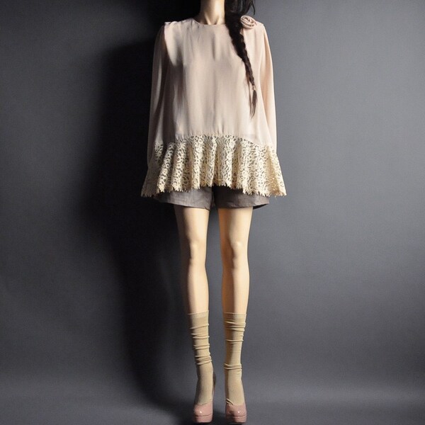 vintage 80s beige chiffon crepe lace slouch blouse