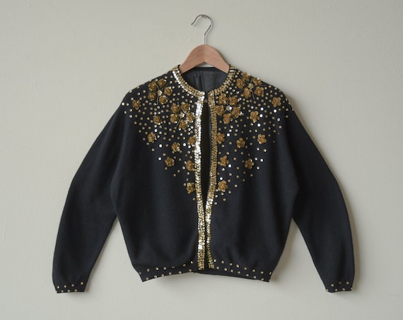617t / 1950s black gold sequin cardigan sweater /
