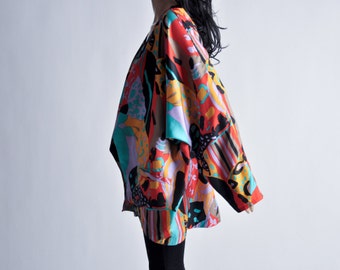 abstract art print draped silk batwing kimono jacket / s / m