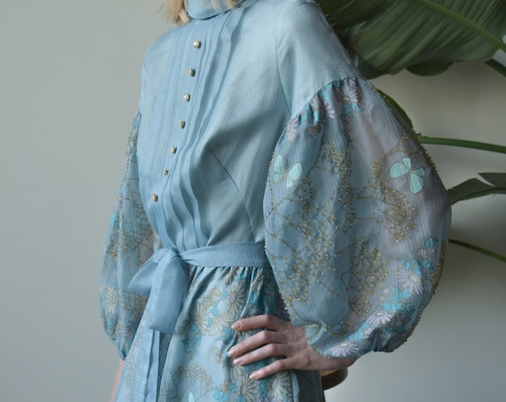 2002d / 60s blue floral beaded mutton sleeve dress