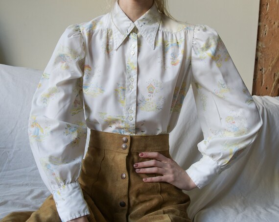 5431t / 70s novelty print puff sleeve blouse / s