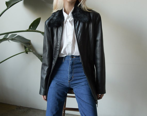 2930o / black leather faux fur collar jacket / m /