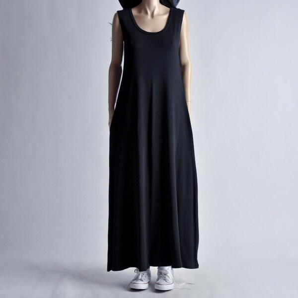 sleeveless black cotton oversized maxi dress / m / l