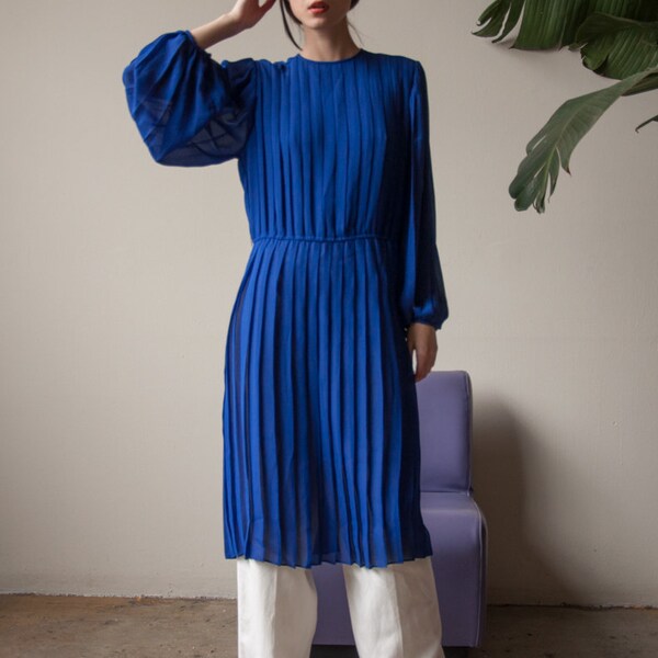 royal blue semi sheer midi dress / pleated midi dress / s / m / 345d / B2