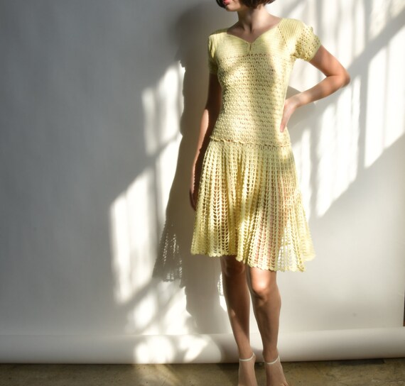 2748d / 40s yellow crochet knit dress / s